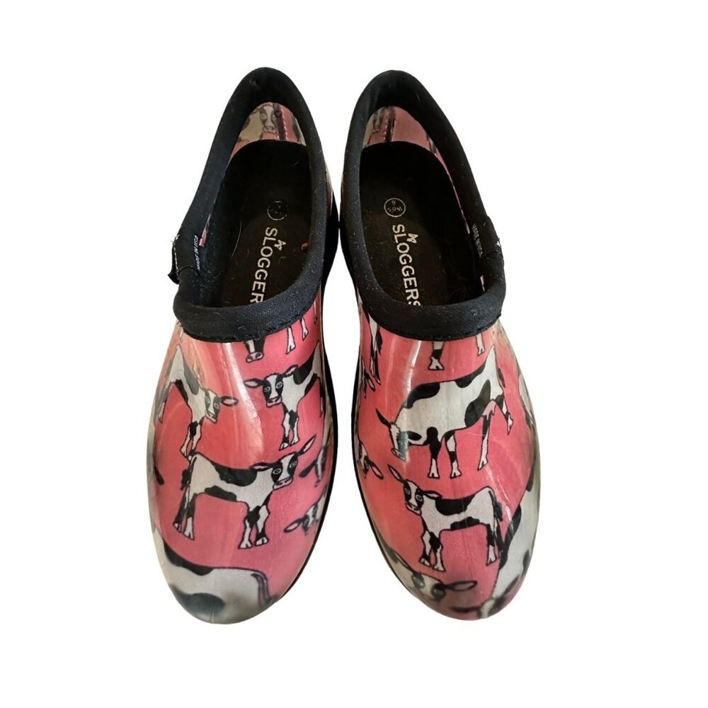 Sloggers Womens Shoes Sz 6 Garden FarmChore Rain Clogs Cows Pink Slip-On Utility
